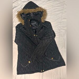 **Jason Maxwell Black Jacket with Fur-Lined Hood and Gold Buttons**